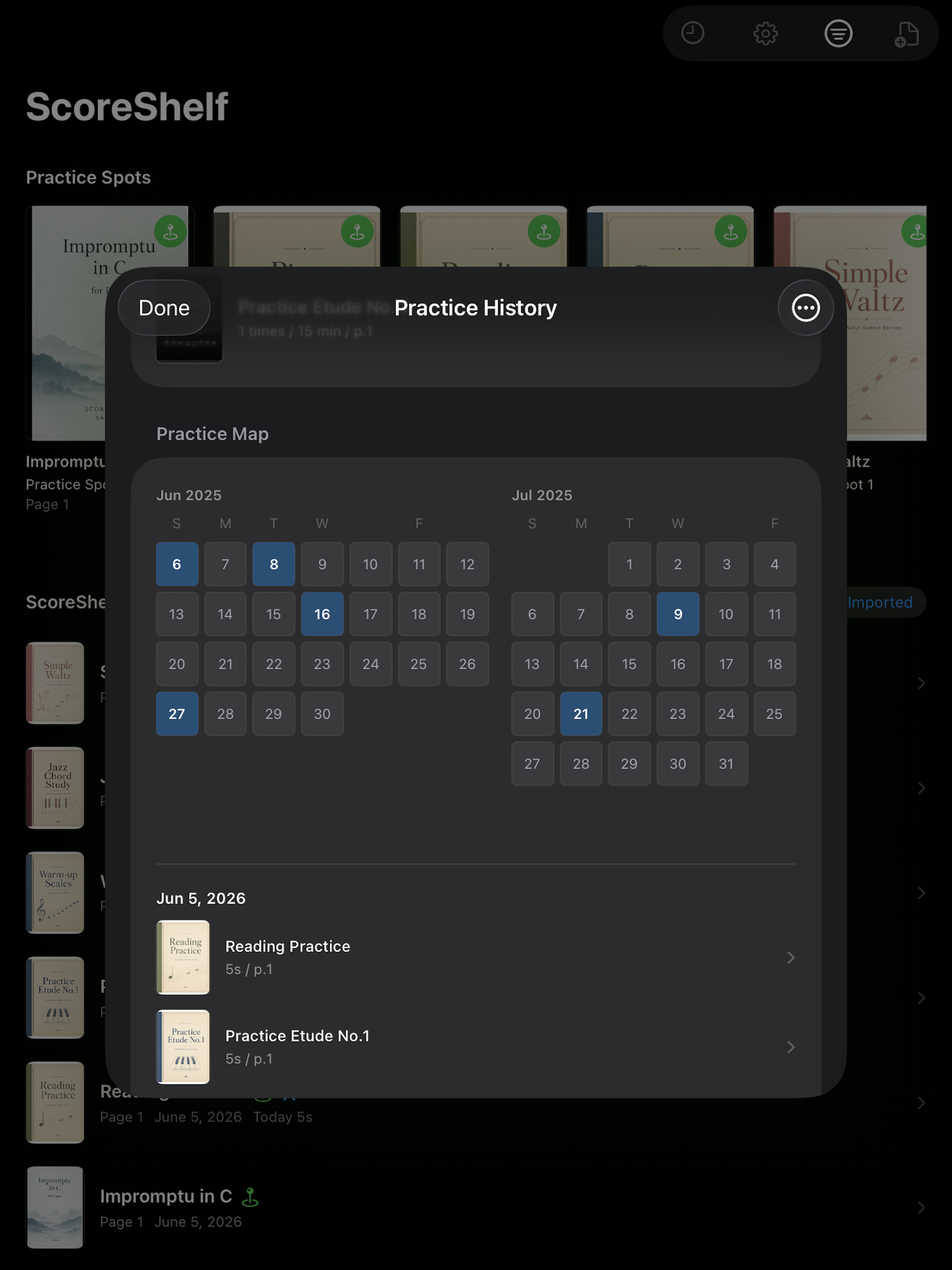 ScoreShelf practice history heatmap screenshot