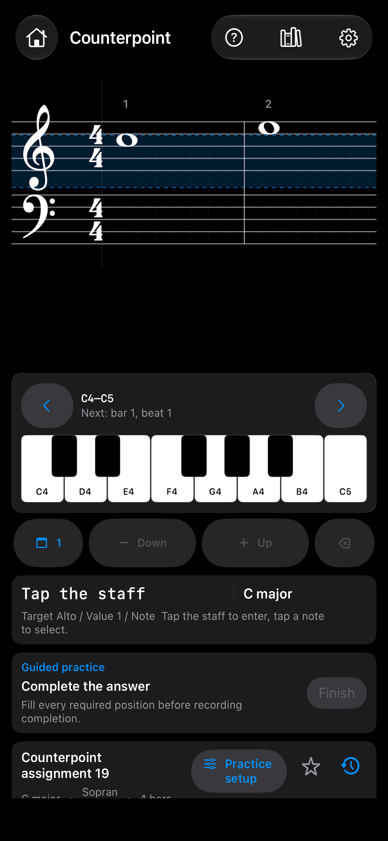Counterpoint notation editor with piano input