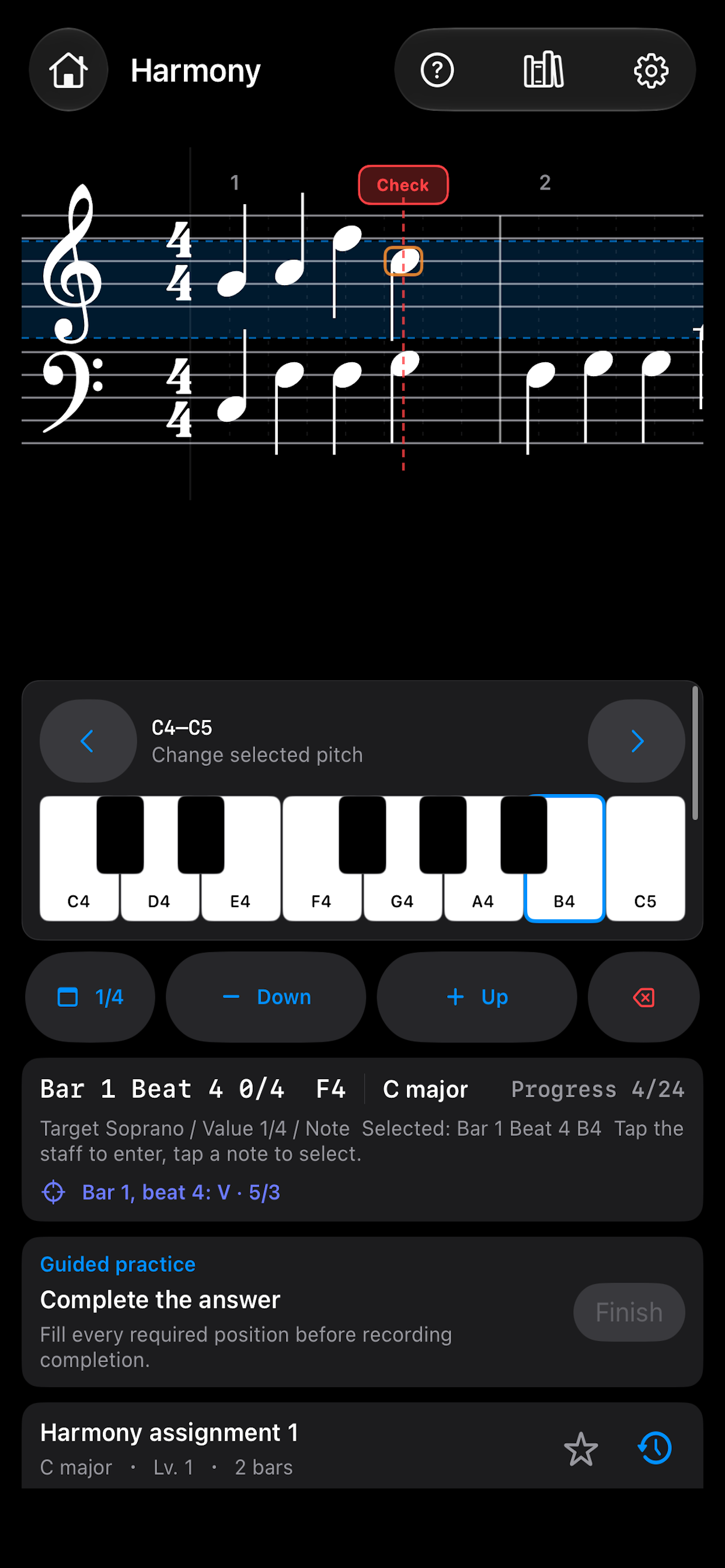 Harmony notation editor highlighting an answer to check