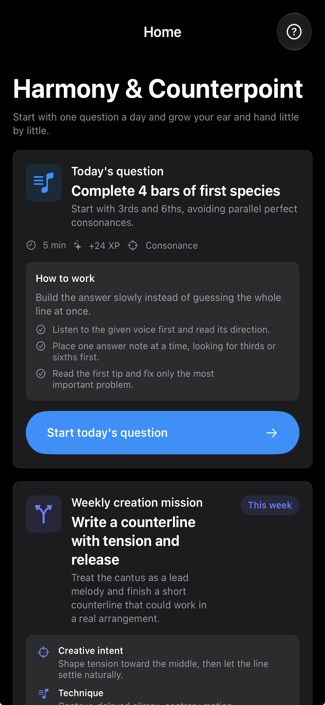 Daily counterpoint question and weekly creative mission