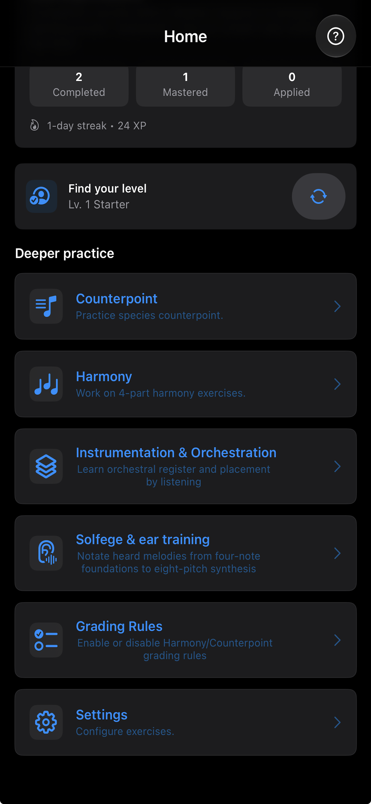 Harmony & Counterpoint home screen with its learning paths