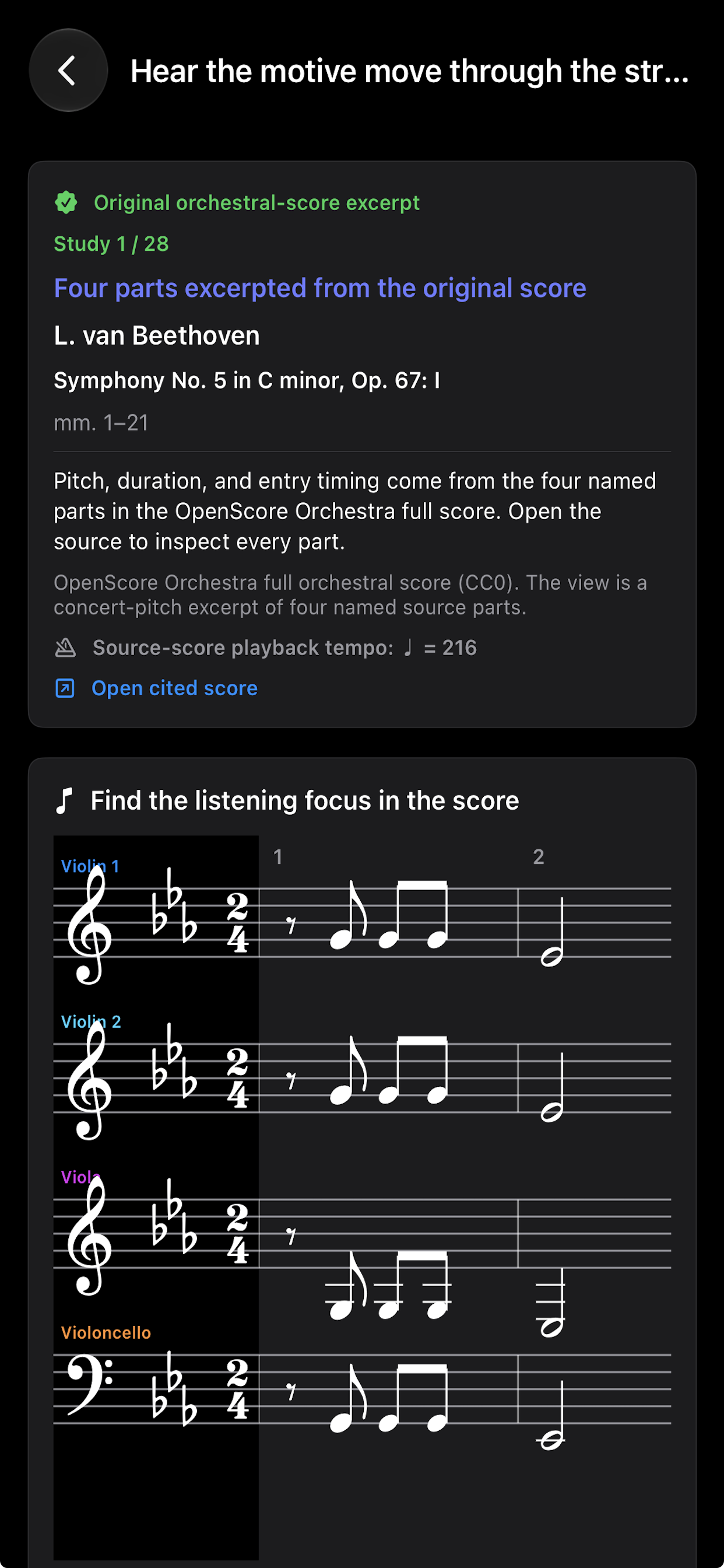 Orchestration study using a Beethoven score excerpt