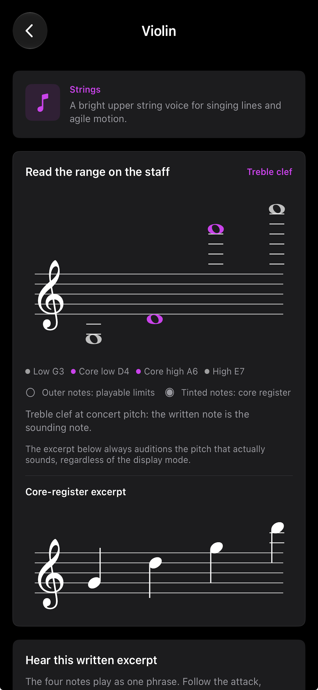 Violin range and core-register study screen