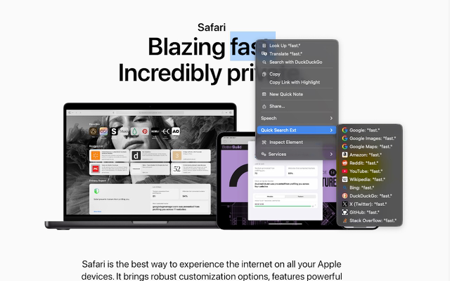 QuickSearchExt settings on macOS: configure search sites list