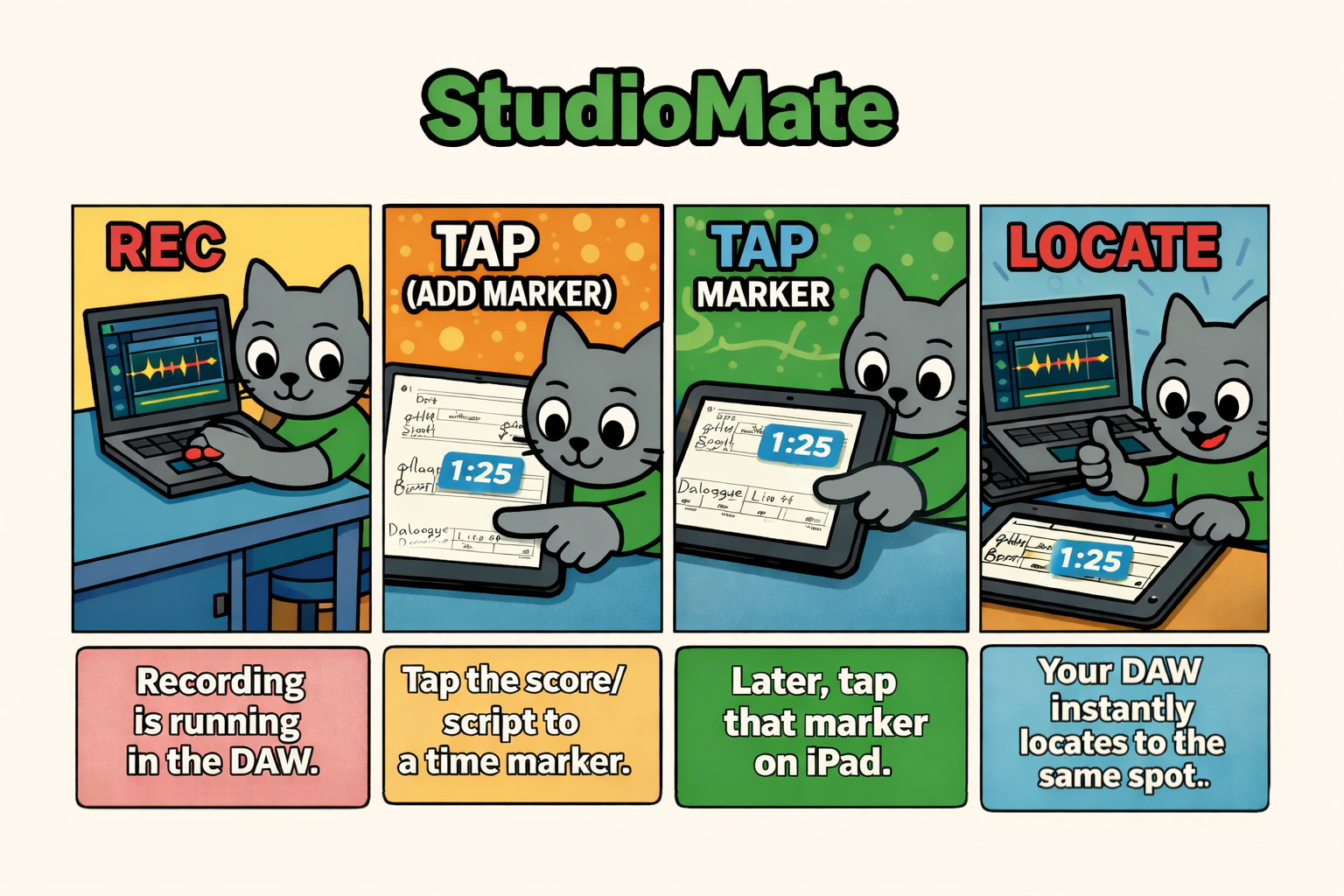 Studio Mate overview comic: record in DAW, tap to add marker, tap marker later on iPad, locate the same spot in the DAW